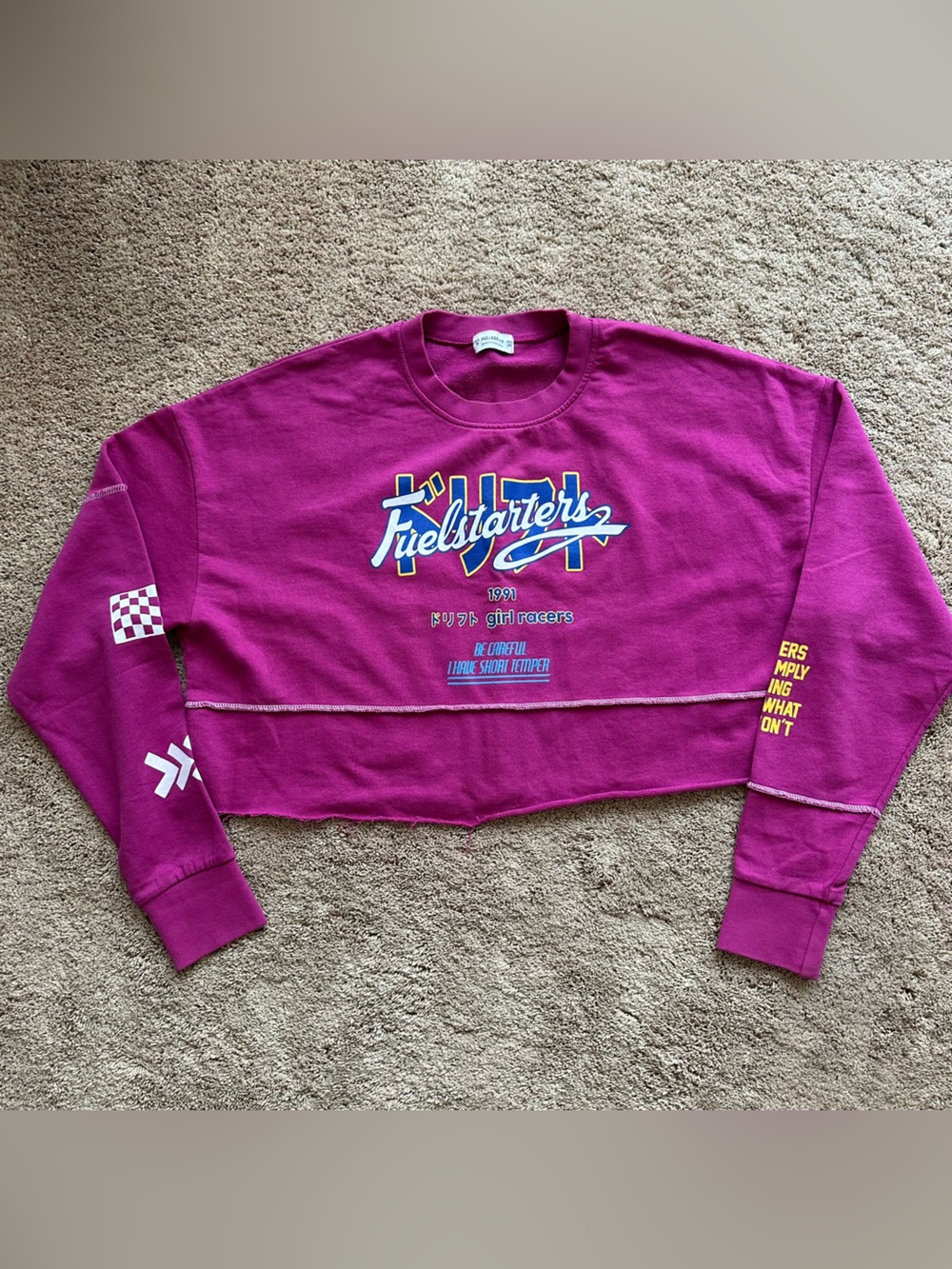 Pull&Bear Fuelstarters Sports Graphic Pink Magenta Cropped Sweatshirt